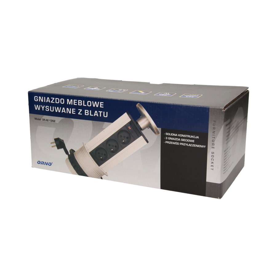Gniazdo meblowe Ø10cm wysuwane z blatu z przewodem 1,8m, 3x2P+Z, INOX