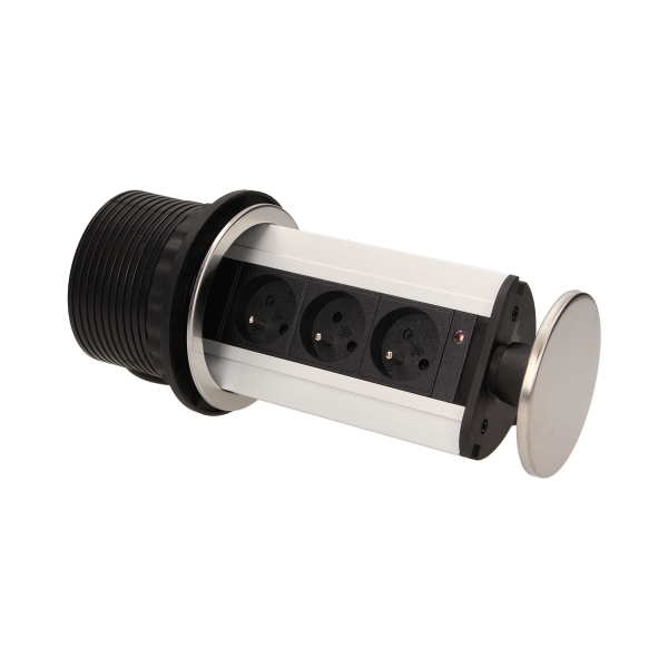 Gniazdo meblowe Ø10cm wysuwane z blatu z przewodem 1,8m, 3x2P+Z, INOX