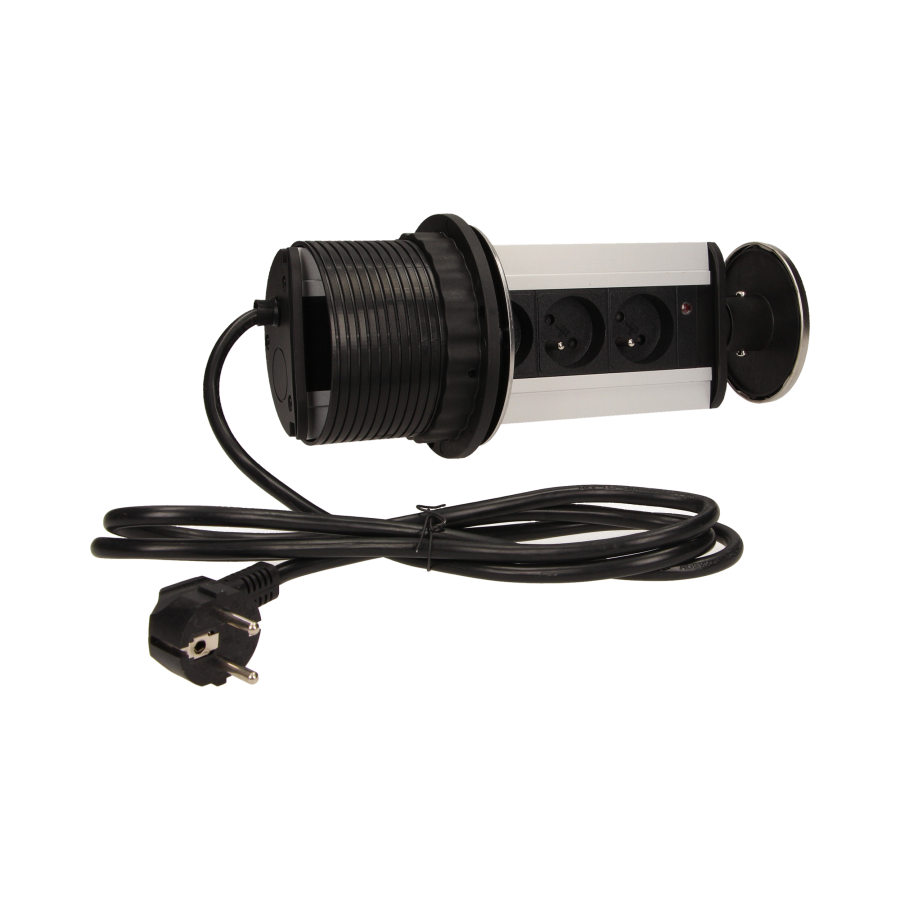 Gniazdo meblowe Ø10cm wysuwane z blatu z przewodem 1,8m, 3x2P+Z, INOX