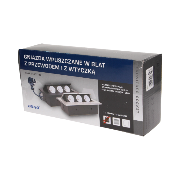 Gniazdo meblowe wpuszczane w blat z grubym rantem 3x2P+Z, przewód 1,5m 3x1,5mm², czarne