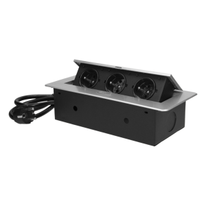 Recessed furniture sockets 3x2P+E with 3m cable, flat and milled edge, silver