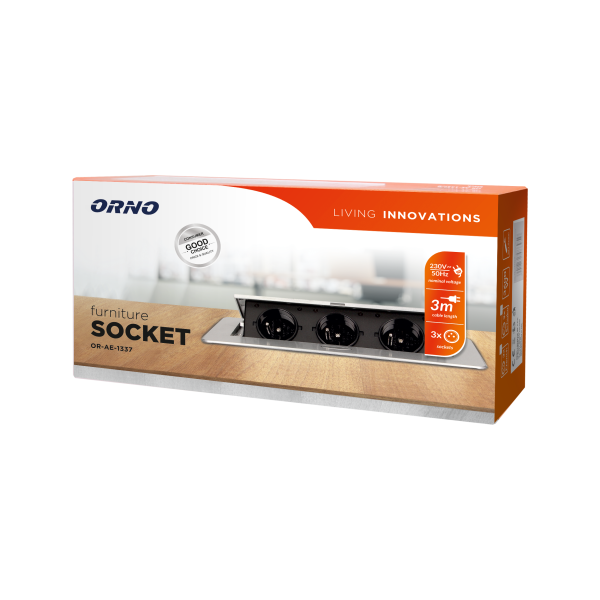 Recessed furniture sockets 3x2P+E with 3m cable, flat and milled edge, silver