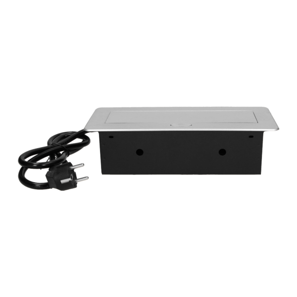 Recessed furniture sockets 3x2P+E with 3m cable, flat and milled edge, silver