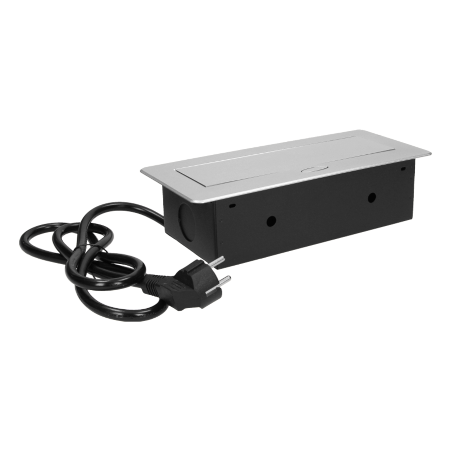 Recessed furniture sockets 3x2P+E with 3m cable, flat and milled edge, silver