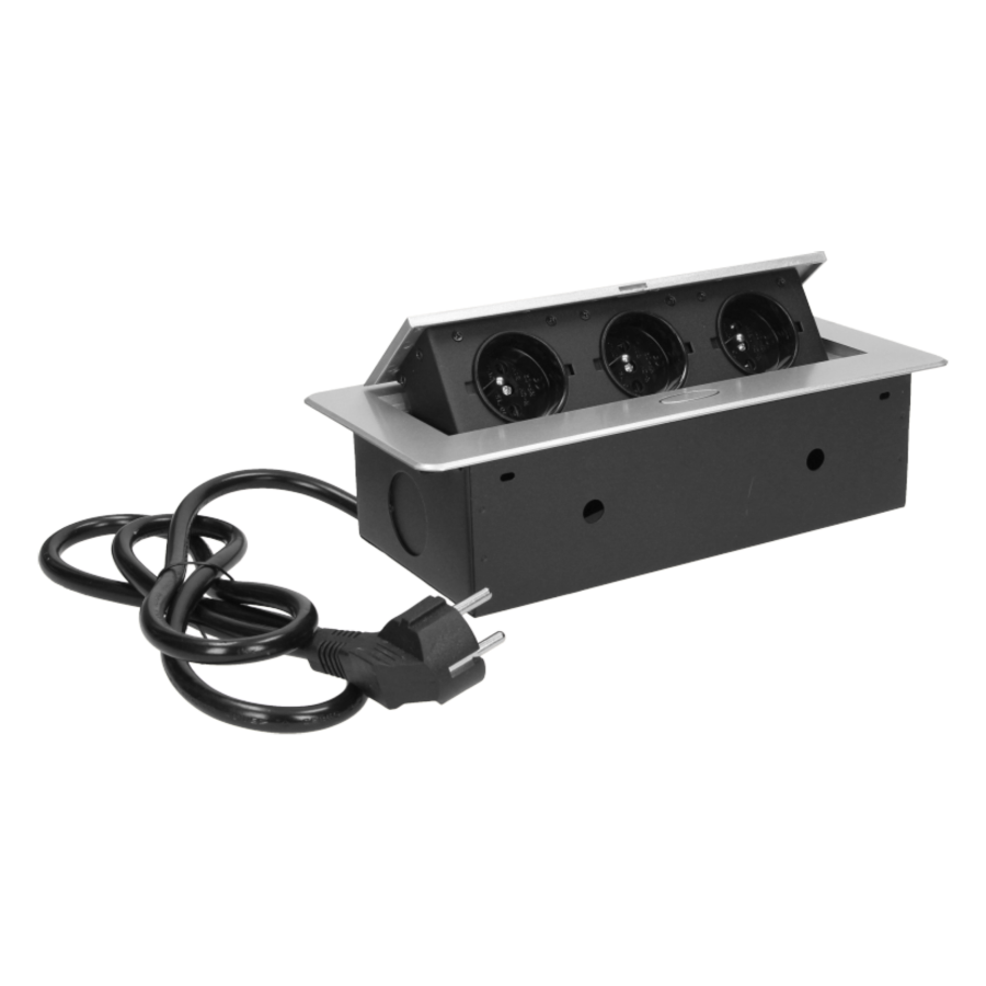 Recessed furniture sockets 3x2P+E with 3m cable, flat and milled edge, silver