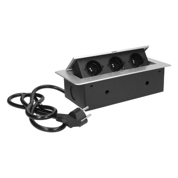 Recessed furniture sockets 3x2P+E with 3m cable, flat and milled edge, silver