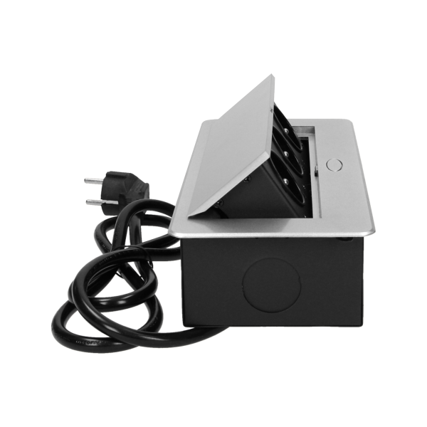 Recessed furniture sockets 3x2P+E with 3m cable, flat and milled edge, silver