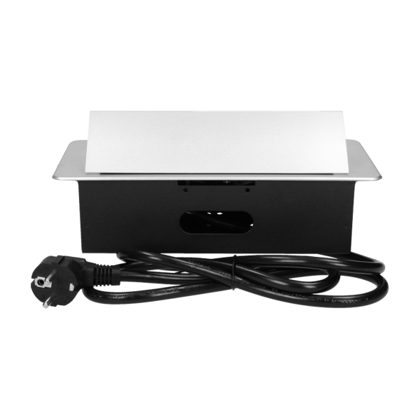 Recessed furniture sockets 3x2P+E with 3m cable, flat and milled edge, silver