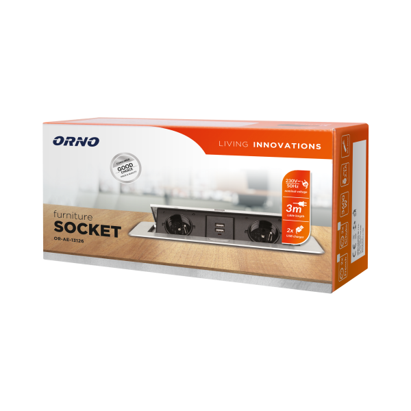 Gniazdo meblowe wpuszczane w blat z płaskim frezowanym rantem, ładowarką USB i przewodem 3m, 2x2P+Z, 2xUSB, czarne