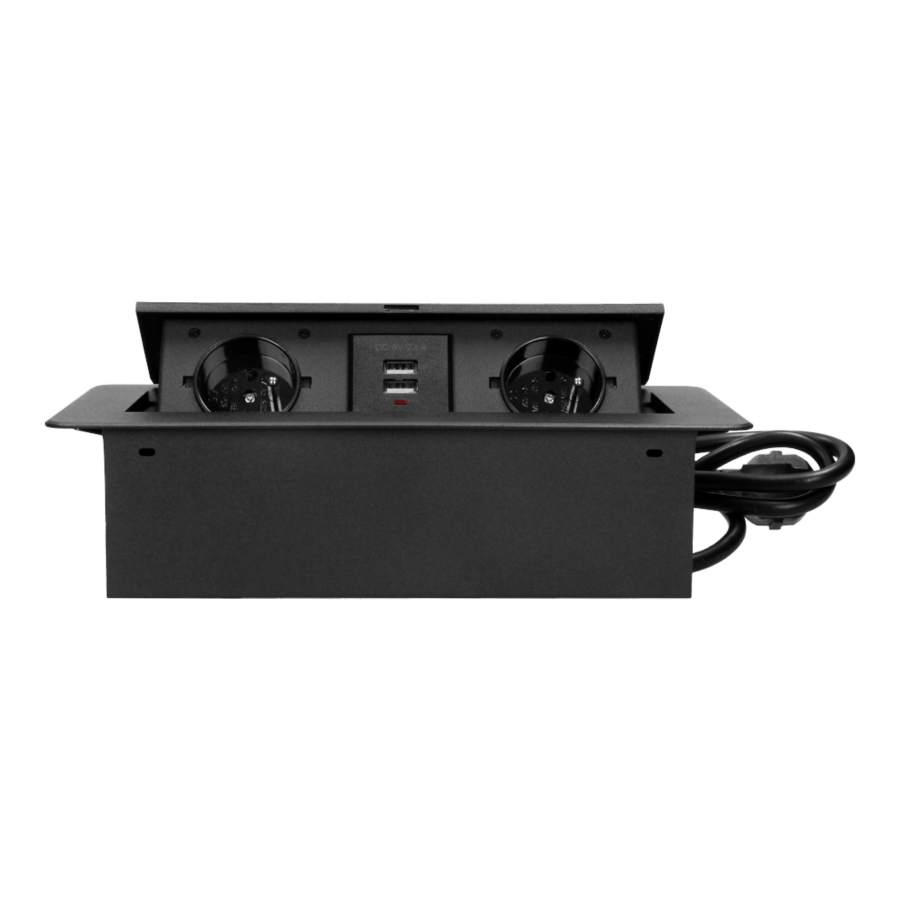 Gniazdo meblowe wpuszczane w blat z płaskim frezowanym rantem, ładowarką USB i przewodem 3m, 2x2P+Z, 2xUSB, czarne