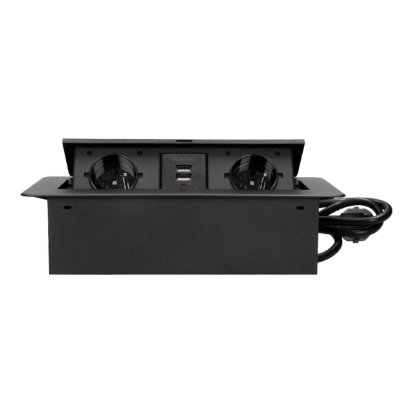 Gniazdo meblowe wpuszczane w blat z płaskim frezowanym rantem, ładowarką USB i przewodem 3m, 2x2P+Z, 2xUSB, czarne