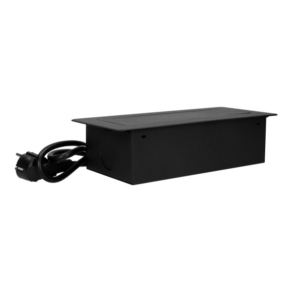 Gniazdo meblowe wpuszczane w blat z płaskim frezowanym rantem, ładowarką USB i przewodem 3m, 2x2P+Z, 2xUSB, czarne