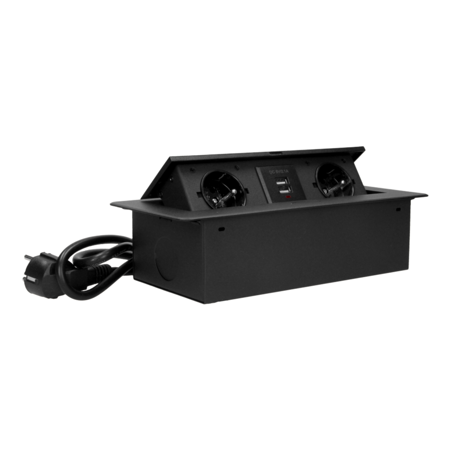 Recessed furniture sockets 2x2P+E with two USB chargers and 3m cable, flat and milled edge, black