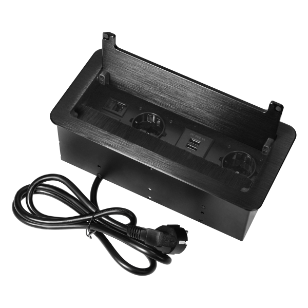 Gniazdo meblowe wpuszczane w blat z płaskim frezowanym rantem, szczotką przeciwkurzową, ładowarką USB i przewodem 1,5m, 2x2P+Z Schuko, 2xUSB, 2xNET, czarne