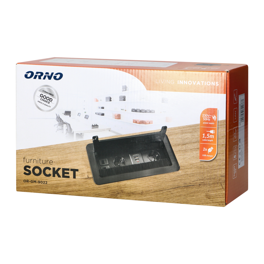 Flush-mounted furniture Schuko socket with flat milled edge, anti-dust brush, USB charger and 1.5m cable, 2x2P+E, 2xUSB, 2xNET, black