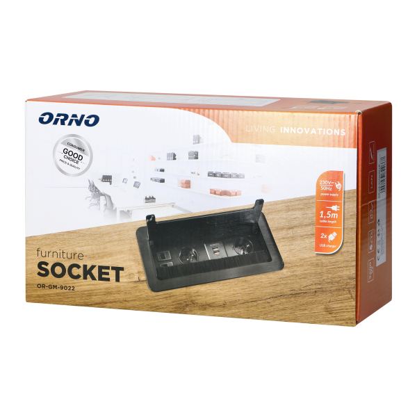 Flush-mounted furniture Schuko socket with flat milled edge, anti-dust brush, USB charger and 1.5m cable, 2x2P+E, 2xUSB, 2xNET, black