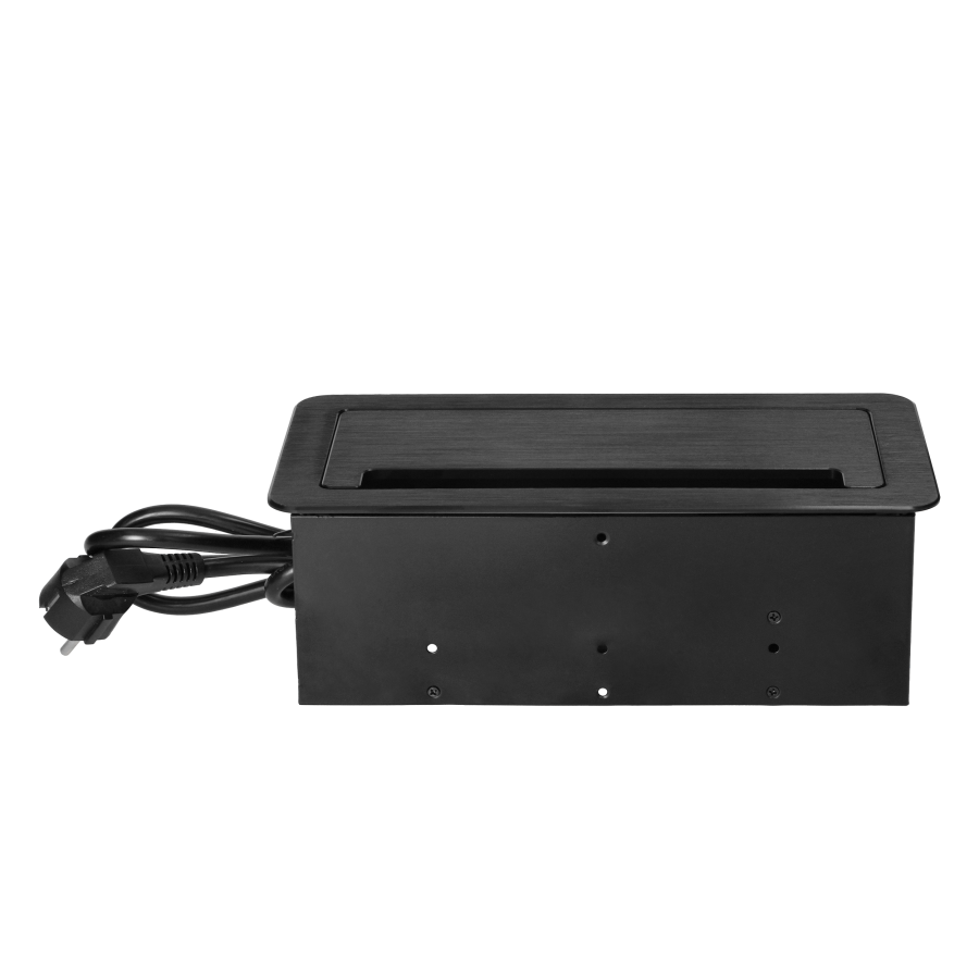 Gniazdo meblowe wpuszczane w blat z płaskim frezowanym rantem, szczotką przeciwkurzową, ładowarką USB i przewodem 1,5m, 2x2P+Z Schuko, 2xUSB, 2xNET, czarne