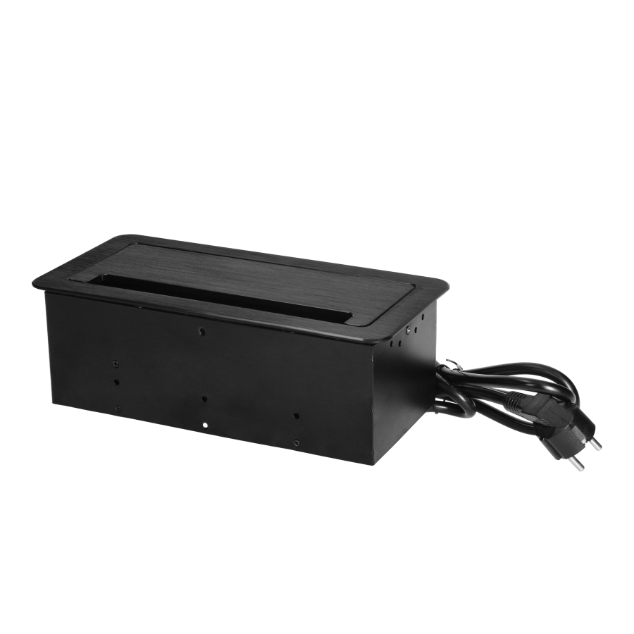 Flush-mounted furniture Schuko socket with flat milled edge, anti-dust brush, USB charger and 1.5m cable, 2x2P+E, 2xUSB, 2xNET, black