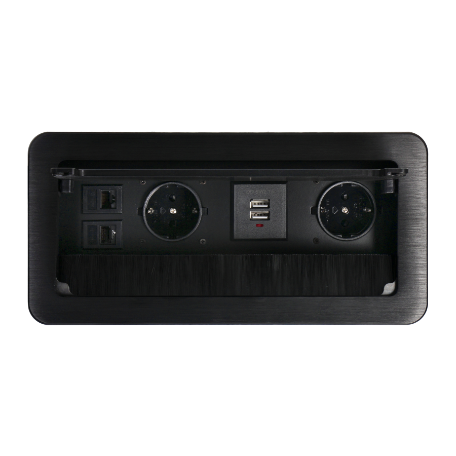 Flush-mounted furniture Schuko socket with flat milled edge, anti-dust brush, USB charger and 1.5m cable, 2x2P+E, 2xUSB, 2xNET, black