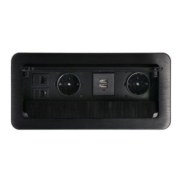 Gniazdo meblowe wpuszczane w blat z płaskim frezowanym rantem, szczotką przeciwkurzową, ładowarką USB i przewodem 1,5m, 2x2P+Z Schuko, 2xUSB, 2xNET, czarne