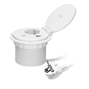 Recessed desk socket (Schuko) with induction charger, 2 USB ports (A, C) for quick charging and cable outlet with 1.8m cable, 2.4A 5V, Ø8cm, white