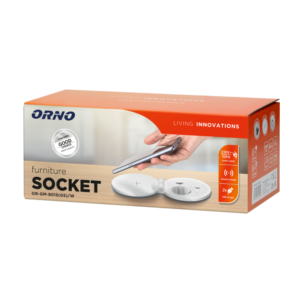 Gniazdo meblowe Ø8cm wpuszczane w blat z ładowarką indukcyjną, ładowarką USB z 2 gniazdami A i C, przelotką kablową z przewodem 1,8m, 1x2P+Z (Schuko), 2xUSB 2,4A 5V, białe
