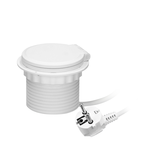 Recessed desk socket (Schuko) with induction charger, 2 USB ports (A, C) for quick charging and cable outlet with 1.8m cable, 2.4A 5V, Ø8cm, white