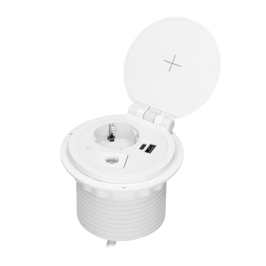 Gniazdo meblowe Ø8cm wpuszczane w blat z ładowarką indukcyjną, ładowarką USB z 2 gniazdami A i C, przelotką kablową z przewodem 1,8m, 1x2P+Z (Schuko), 2xUSB 2,4A 5V, białe