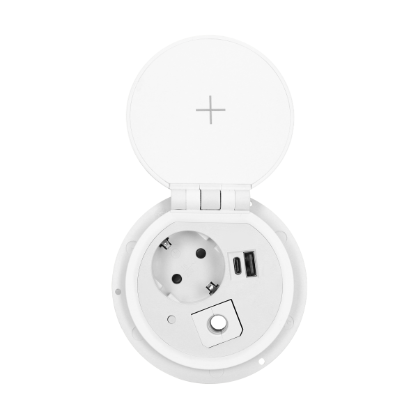 Gniazdo meblowe Ø8cm wpuszczane w blat z ładowarką indukcyjną, ładowarką USB z 2 gniazdami A i C, przelotką kablową z przewodem 1,8m, 1x2P+Z (Schuko), 2xUSB 2,4A 5V, białe