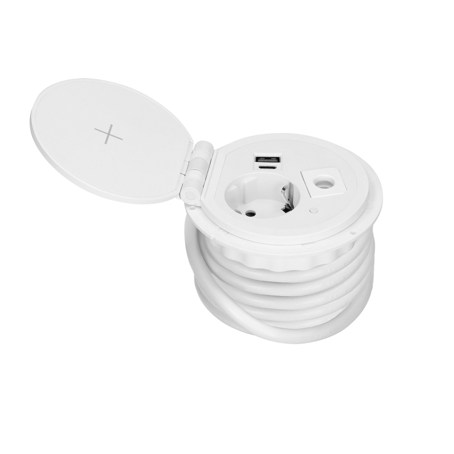 Recessed desk socket (Schuko) with induction charger, 2 USB ports (A, C) for quick charging and cable outlet with 1.8m cable, 2.4A 5V, Ø8cm, white