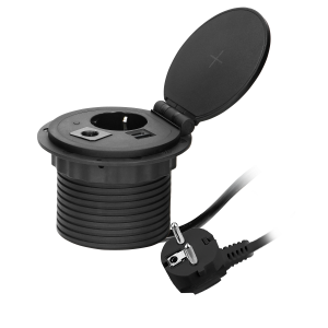 Recessed desk socket (Schuko) with induction charger, 2 USB ports (A, C) for quick charging and cable outlet with 1.8m cable, 2.4A 5V, Ø8cm, black