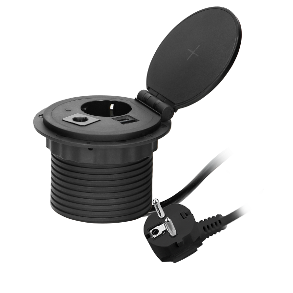Gniazdo meblowe Ø8cm wpuszczane w blat z ładowarką indukcyjną, ładowarką USB z 2 gniazdami A i C, przelotką kablową z przewodem 1,8m, 1x2P+Z (Schuko), 2xUSB 2,4A 5V, czarne