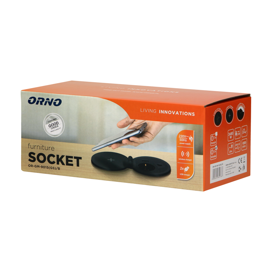 Recessed desk socket (Schuko) with induction charger, 2 USB ports (A, C) for quick charging and cable outlet with 1.8m cable, 2.4A 5V, Ø8cm, black