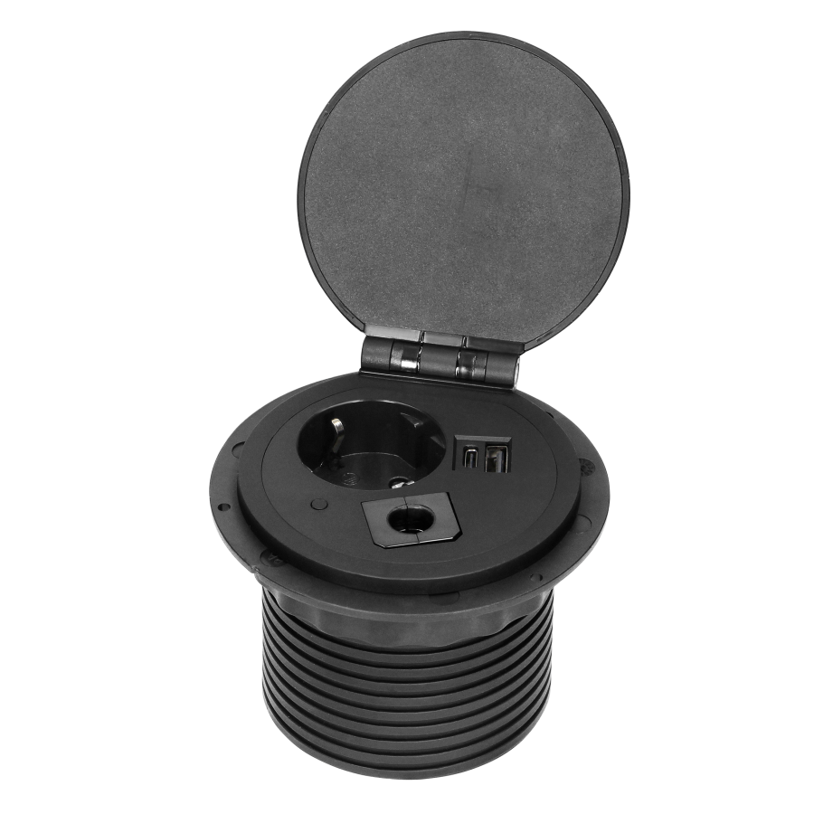 Gniazdo meblowe Ø8cm wpuszczane w blat z ładowarką indukcyjną, ładowarką USB z 2 gniazdami A i C, przelotką kablową z przewodem 1,8m, 1x2P+Z (Schuko), 2xUSB 2,4A 5V, czarne