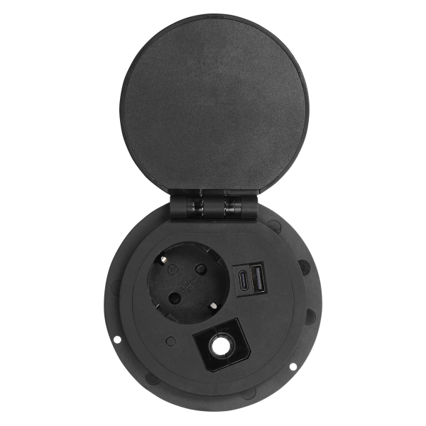 Gniazdo meblowe Ø8cm wpuszczane w blat z ładowarką indukcyjną, ładowarką USB z 2 gniazdami A i C, przelotką kablową z przewodem 1,8m, 1x2P+Z (Schuko), 2xUSB 2,4A 5V, czarne