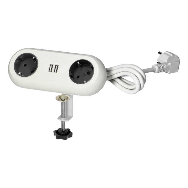 Gniazdo meblowe z uchwytem montażowym, ładowarką USB, 2 gniazda 2P+Z (Schuko), 2xUSB, przewód 3x1,5mm² - 1,4m, białe