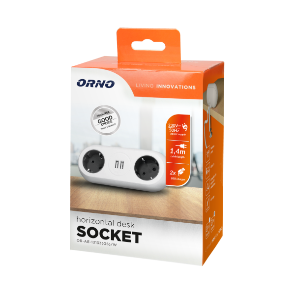 Desktop extension sockets with USB chargers and clamp holder, 2x2P+E (schuko), 2xUSB, 1.4m, white