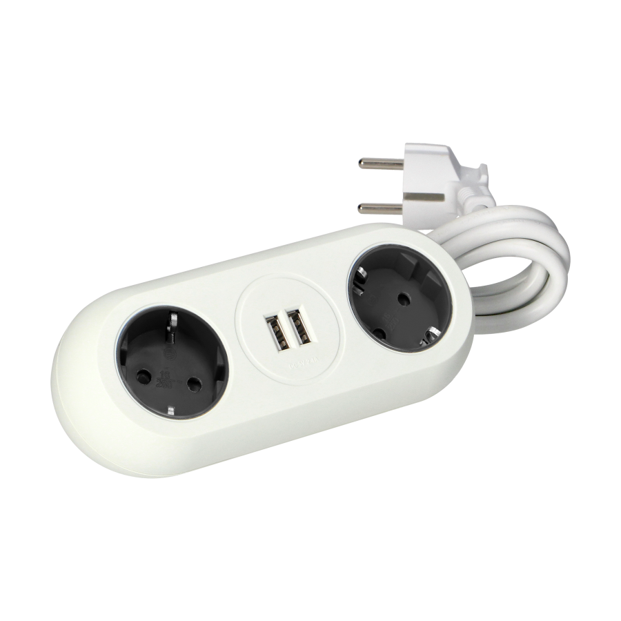 Gniazdo meblowe z uchwytem montażowym, ładowarką USB, 2 gniazda 2P+Z (Schuko), 2xUSB, przewód 3x1,5mm² - 1,4m, białe
