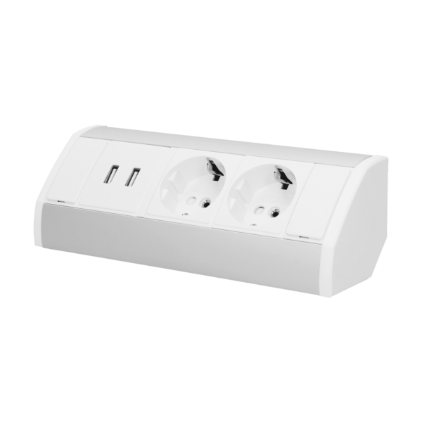 Furniture socket with USB charger, silver-white, schuko