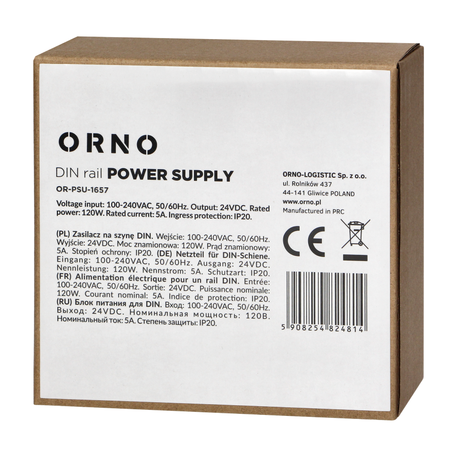 Industrial power supply for a DIN rail, 24VDC, 5A, 120W, metal housing