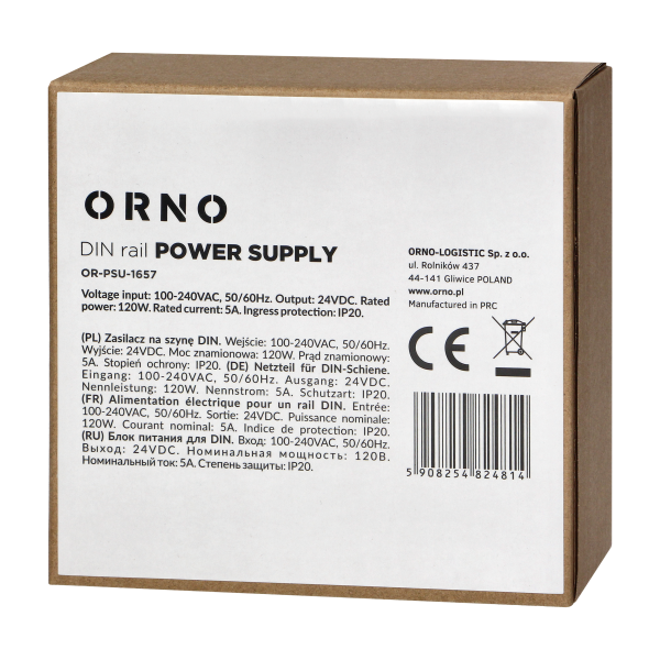 Industrial power supply for a DIN rail, 24VDC, 5A, 120W, metal housing