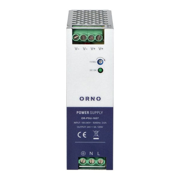 Industrial power supply for a DIN rail, 24VDC, 5A, 120W, metal housing