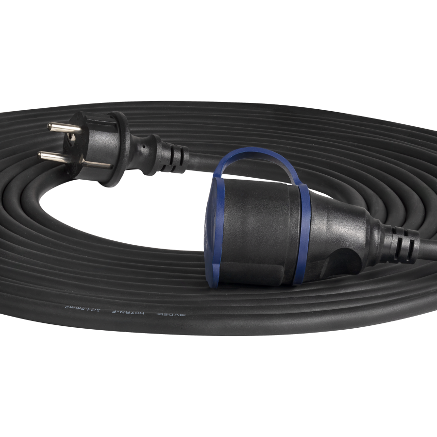 Heavy-duty extension cord with rubber cord 30m long, IP44, Schuko