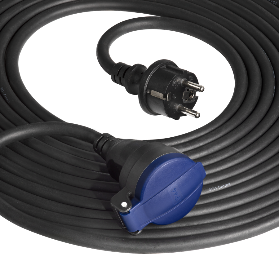 Przedłużacz warsztatowy bryzgoszczelny IP44, 1x2P+Z 30m, kabel gumowy olejoodporny H07RN-F 3x1,5mm², 230VAC/16A