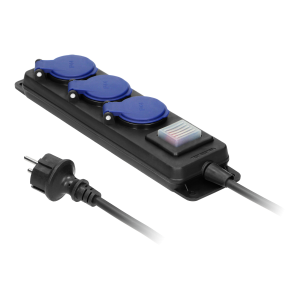 Heavy-duty, splash-proof extension sockets, with central switch and rubber cord, 3 sockets 2P+E, IP44, H05RR-F 3x1.5mm² - 3m,