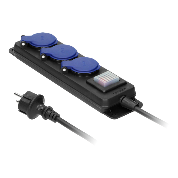 Przedłużacz warsztatowy bryzgoszczelny z wyłącznikiem IP44, 3 gniazda 2P+Z IP44, przewód gumowy, H05RR-F 3x1,5mm², długość 3m