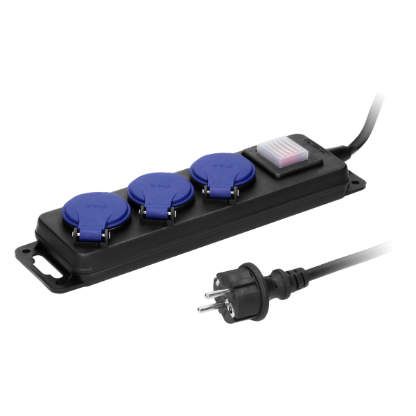Heavy-duty, splash-proof extension sockets, with central switch and rubber cord, 3 sockets 2P+E, IP44, H05RR-F 3x1.5mm² - 3m,