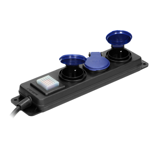 Heavy-duty, splash-proof extension sockets, with central switch and rubber cord, 3 sockets 2P+E, IP44, H05RR-F 3x1.5mm² - 3m,