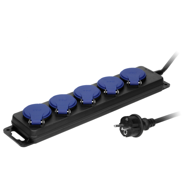 Heavy-duty, splash-proof extension sockets, with rubber cord, 5 sockets 2P+E, IP44, H05RR-F 3x1.5mm² - 5m,