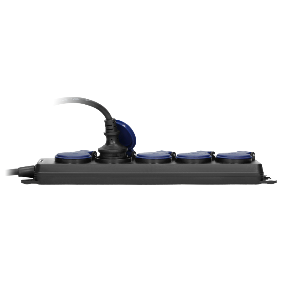 Heavy-duty, splash-proof extension sockets, with rubber cord, 5 sockets 2P+E, IP44, H05RR-F 3x1.5mm² - 5m,